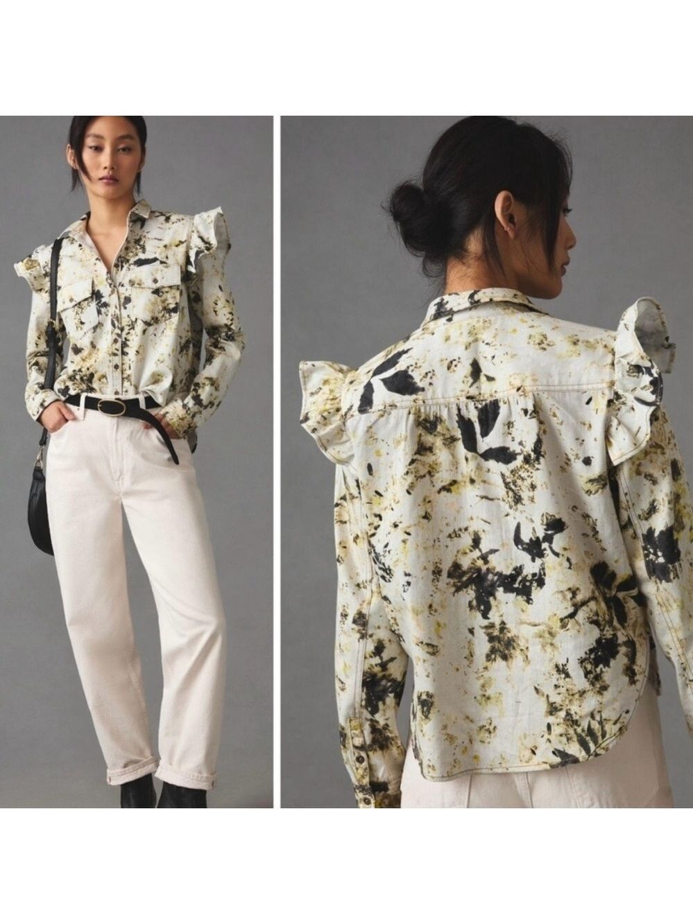 Anthropologie Ruffle-Shoulder Shirt Western Prairie Style Yellow Floral size S